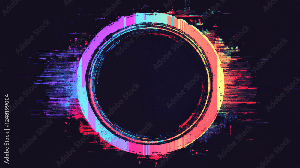 Poster circle frame with glitch and neon glow effect. digital round geometric light border with vintage vhs