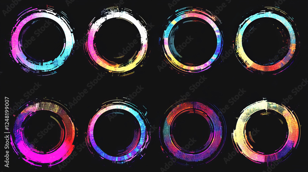 Poster circle frame with glitch and neon glow effect. digital round geometric light border with vintage vhs