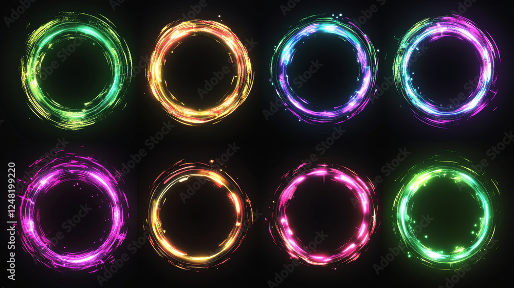 Poster circle frame with glitch and neon glow effect. digital round geometric light border with vintage vhs