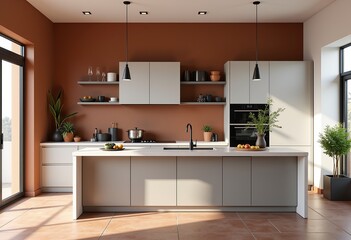 Fototapeta premium Minimalist Mediterranean Kitchen: Wide Shot, Light Gray Cabinetry, Terracotta Floors, Soft White Palette, Modern Pendant Lights, Ultra-Realistic Interior Design.