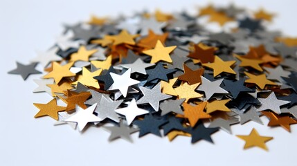 Shimmering metallic star shaped confetti scattered randomly across a clean white background creating a glamorous festive and elegant composition