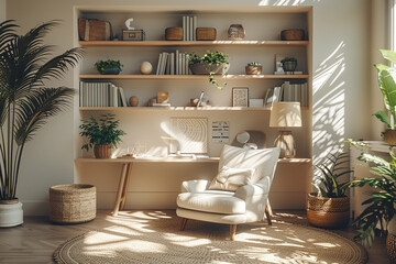 Home office biophilic design with lots of greenery and wooden elements. Professional setting for remote work, video calls and creative inspiration..