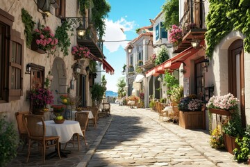 Obraz premium Charming cobblestone street adorned with blooming flowers and inviting cafes near a tranquil seafront