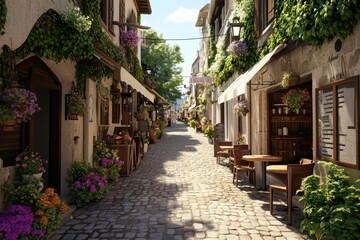 Obraz premium Charming cobblestone street adorned with vibrant flowers in a quaint village on a sunny day