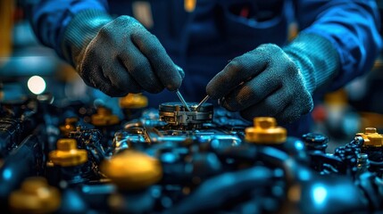 Mechanic repairing engine, workshop background (1)