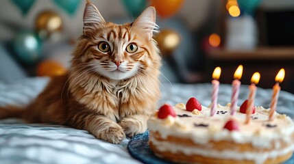 Adorable ginger cat sitting beside a birthday cake with candles, celebrating a joyful occasion