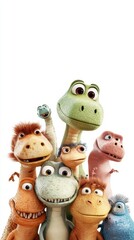 Naklejka premium Colorful animated dinosaurs posing together in a cheerful group