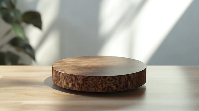 3d wood kitchen table podium for product display. Wooden platform in bathroom studio. Minimal countertop background with stage on shelf. Scandinavian circle cosmetic promotion pedestal template