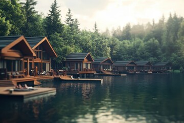 Fototapeta premium Tranquil lakeside retreat featuring charming wooden cabins and lush greenery at sunrise