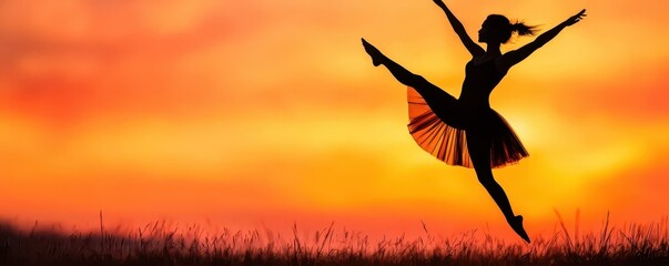 A silhouette of a dancer leaps gracefully against a vibrant sunset, embodying freedom and artistry in a serene natural setting.