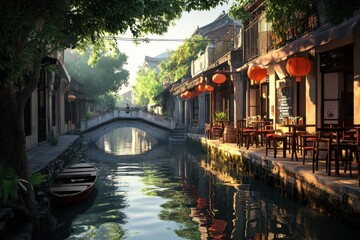 Fototapeta premium Charming canal in a historic town illuminated by lanterns at twilight with reflections dancing on the water