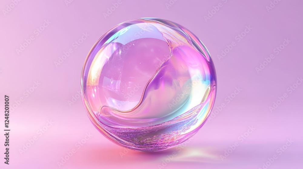 Poster 3d pink soap ball. realistic rainbow water bubble on transparent background. abstract iridescent liq