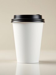 A minimalist coffee cup mockup with a black lid is displayed on a sleek reflective surface. Perfect for branding mockup or marketing.