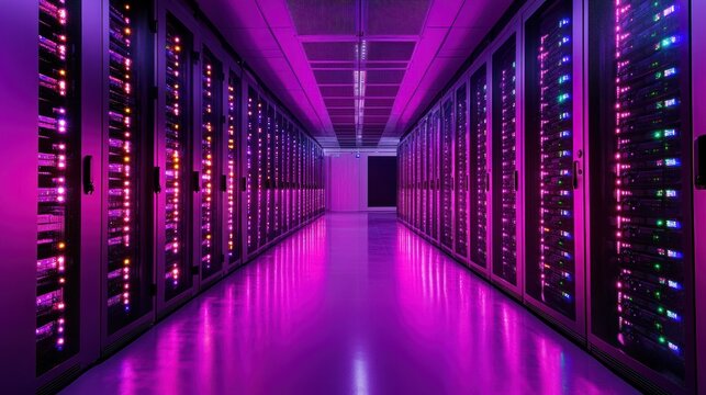 Data center server room, night, network, glowing