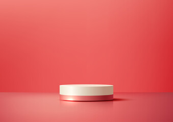Minimalist pink white cylinder podium showcase on vibrant background, 3d geometric product display mockup