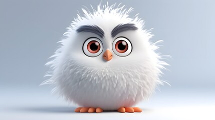 Cute and Curious Cartoon Bird with Fluffy Rounded Body and Large Eyes Standing on a Clean White Background