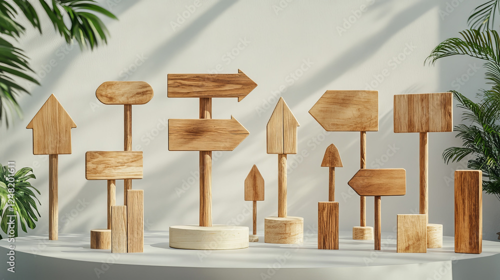 Poster realistic set of wooden signboards indicating direction. vector illustration of arrow sign posts wit