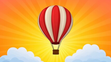 Obraz premium A colorful hot air balloon floats above fluffy clouds against a vibrant sunrise backdrop, evoking a sense of adventure and freedom.