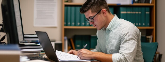 Young man studying at desk with laptop and documents, focused on work, professional environment, academic pursuit