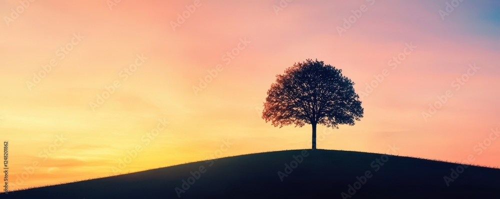 Poster a solitary tree stands on a hill against a colorful sunset, creating a serene and tranquil atmospher
