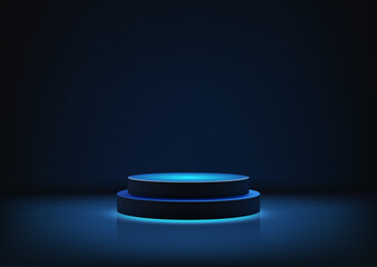 3D futuristic glowing blue circular platform or podium modern technology minimalist design