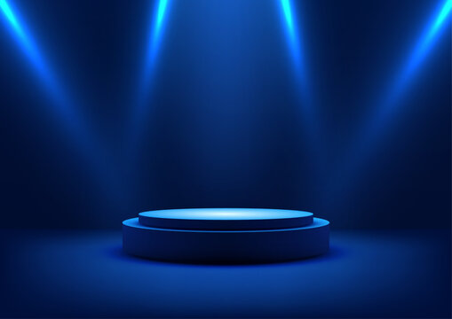 modern technology futuristic blue illuminated podium for award ceremony or product display in modern showroom
