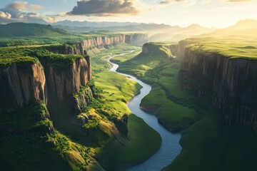 Majestic river winding through rugged cliffs bathed in golden sunlight during late afternoon