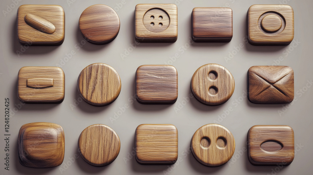 Poster realistic set of wooden game buttons sprite sheet isolated on background. vector illustration of woo