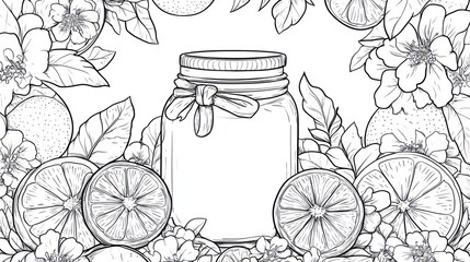 Citrus fruit jar design, floral border, white background, coloring book page