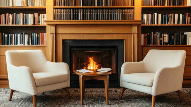 Cozy Reading Nook with Modern Chairs, Fireplace, and Bookshelves Filled with Literature in a Warm Setting