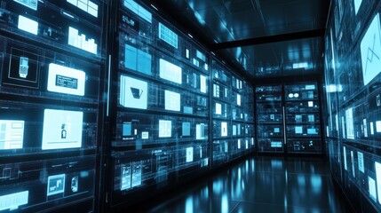 Futuristic server room, A network of interconnected digital information