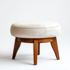 Beige Round Upholstered Ottoman with Wooden Legs - Modern Minimalist Home Furniture