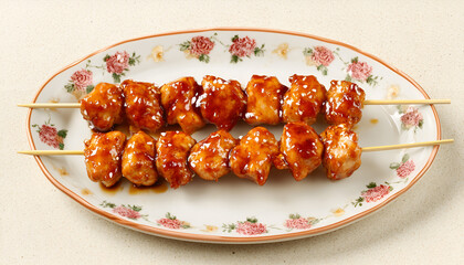 Teriyaki chicken skewers on plate over light stone background. Top view, flat lay