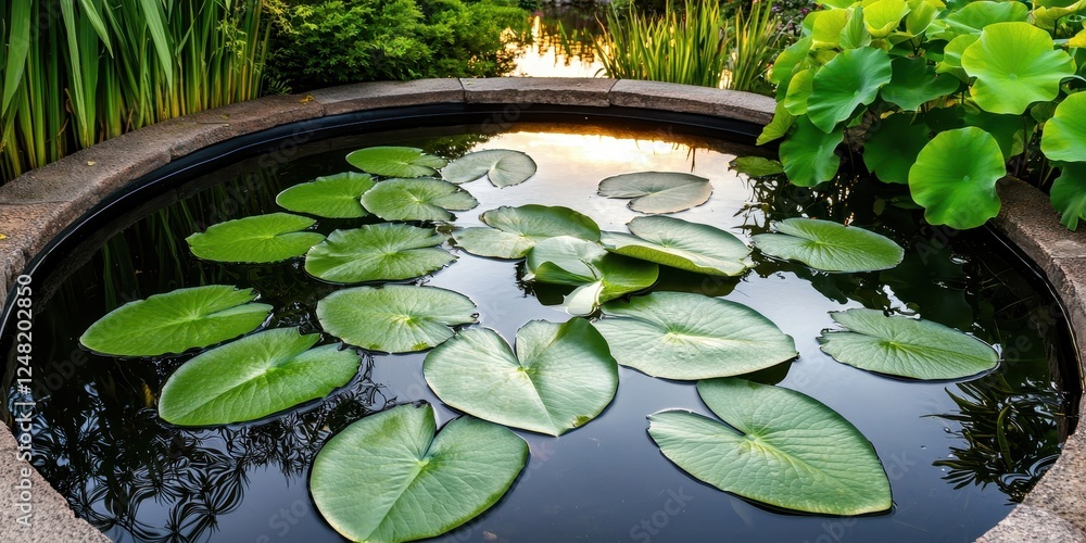Poster a serene pond with large lily pads floating on still water, surrounded by lush greenery, capturing a