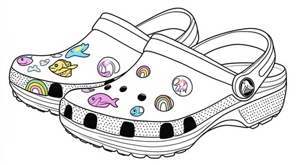 Decorated clogs, whimsical charms, studio shot, colorful background, children's footwear