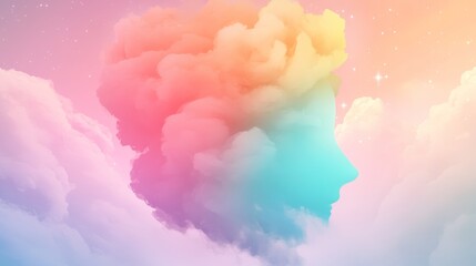 Fototapeta premium Dreamy Profile: A vibrant profile emerges from pastel clouds against a starry sky evoking imagination serenity and the boundless mind