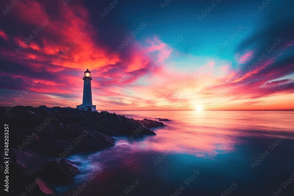 Poster sundown illumination at the lighthouse overlooking tranquil waters and colorful clouds in a serene c