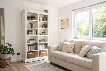 Fototapeta premium Bright Modern Living Room Interior with Bookcase and Sofa