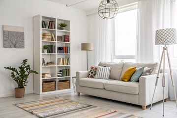 Bright Modern Living Room with Bookcase, Sofa, and Pendant Lamp