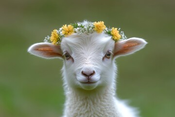 Fototapeta premium portrait of baby lamb with flower crown in green grassy field 