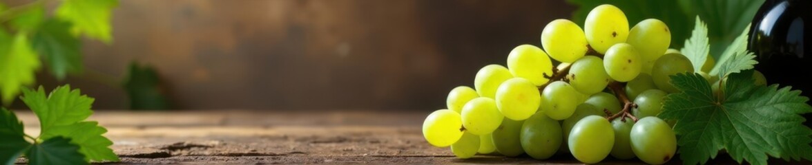 Crisp white wine, juicy green grapes, rustic wood , picture, alcohol
