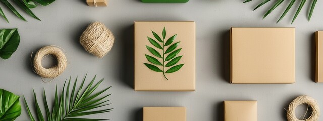 Natural Green Leaves on Neutral Background with Eco-Friendly Gift Wrapping and Decorative Twine Elements