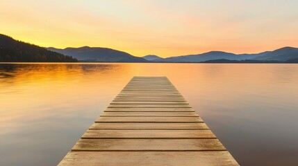 Fototapeta premium A serene wooden dock extends into a tranquil lake at sunset, surrounded by mountains, reflecting warm colors on the water's surface.