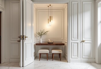 モダンな廊下のデザイン：ゴールドのハンドル付きの白いパネル張りのドア、大理石の床、ベージュのスツール、ミニマリストのコンソール、ゴールドのペンダントライト、エレガントな壁のモールディング。

