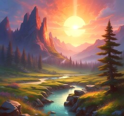 Illustration of fantasy scenic landscape.