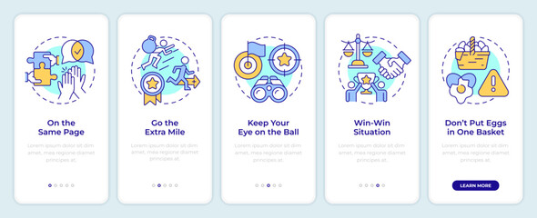Teamwork leadership onboarding mobile app screen. Walkthrough 5 steps editable graphic instructions with linear concepts. UI, UX, GUI template. Montserrat SemiBold, Regular fonts used