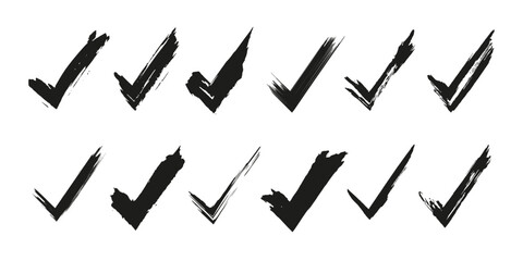 Grunge tick icon collection. Black checkmark sign set. V brush strokes