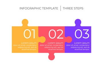 3 steps infographic template. Puzzle style timeline concept of three dependent components or parts of business project. 