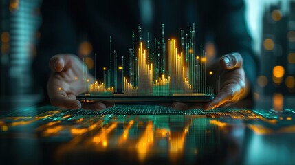 Person holding smartphone with data visualization and digital graphs
