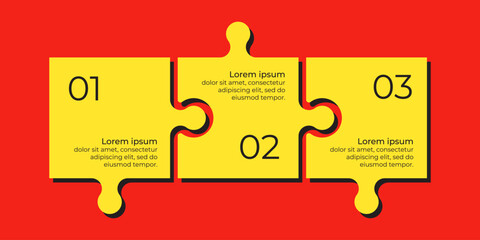 Horizontal chart with 3 connected jigsaw puzzle pieces. Yellow and red trendy infographic design template.